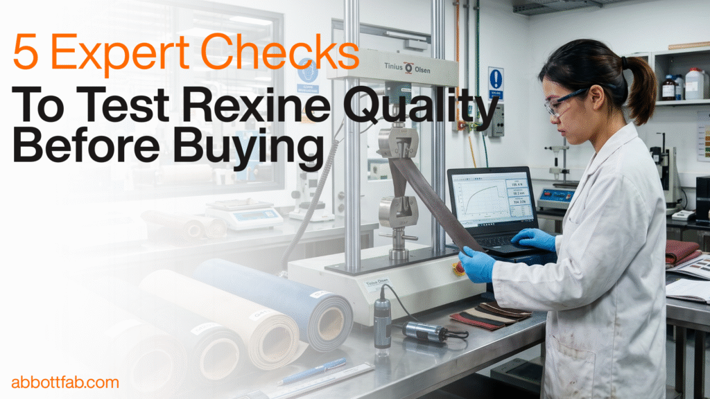 Laboratory scene with technician in white coat and gloves testing Rexine strip on tensile machine, laptop displaying graph, rolls of fabric and instruments on table, text promoting expert checks before buying.