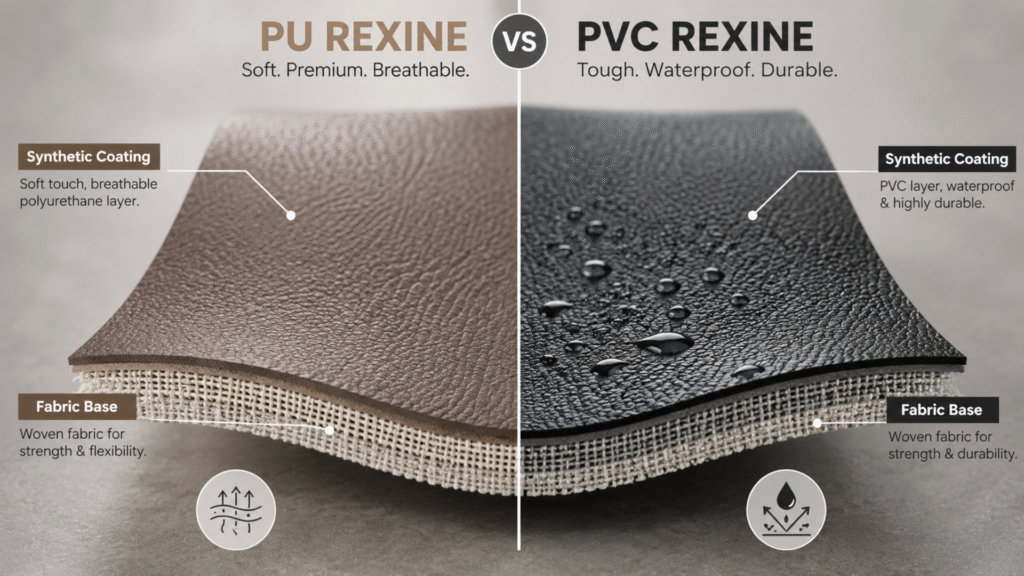 Side-by-side comparison of PU Rexine labeled soft, premium, breathable with polyurethane coating, versus PVC Rexine labeled tough, waterproof, durable with PVC coating, both showing fabric base details.