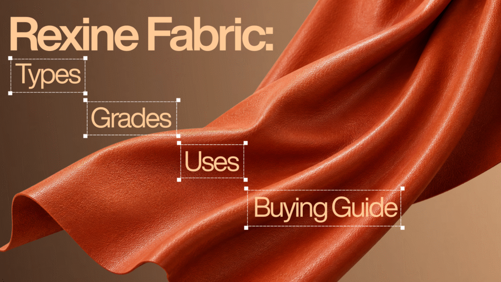 Close-up of premium brown rexine fabric with realistic leather-like texture and flowing folds, featuring the text “Rexine Fabric: Types, Grades, Uses, Buying Guide” on a warm gradient background. The image highlights the appearance, versatility, and selection aspects of synthetic leather upholstery material.