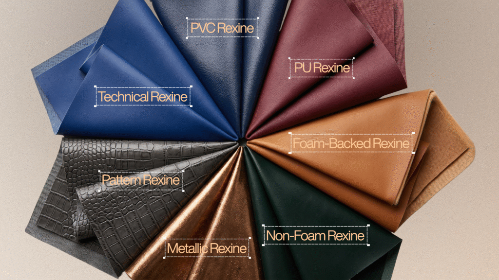 Fan-shaped display of different rexine fabric types arranged in a circular pattern, including PVC Rexine, PU Rexine, Technical Rexine, Foam-Backed Rexine, Non-Foam Rexine, Metallic Rexine, and Pattern Rexine. The image showcases a variety of colors, textures, finishes, and backing materials used in upholstery, automotive interiors, furniture, and commercial applications.