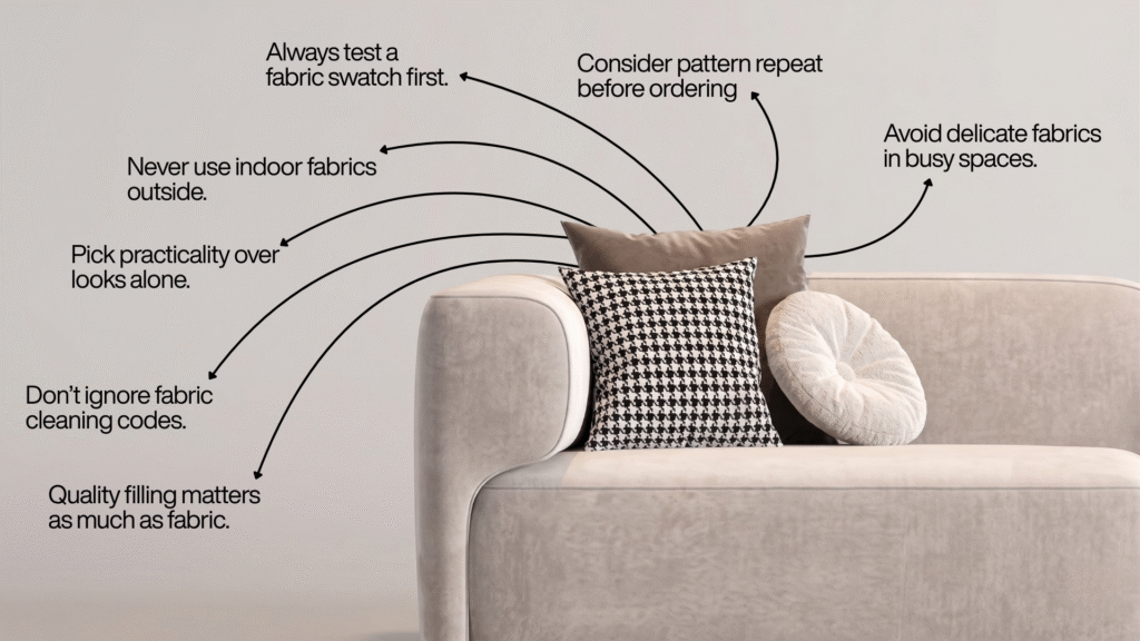 Annotated cushion fabric buying tips infographic featuring a cream velvet sofa styled with a black and white houndstooth square cushion, a taupe back cushion, and a round white boucle cushion – with 7 curved arrow callouts pointing to the sofa listing expert advice: Always test a fabric swatch first, Consider pattern repeat before ordering, Avoid delicate fabrics in busy spaces, Never use indoor fabrics outside, Pick practicality over looks alone, Don't ignore fabric cleaning codes, and Quality filling matters as much as fabric