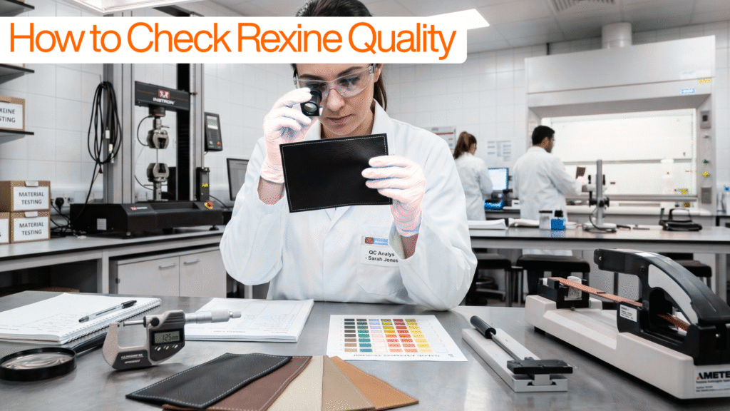 Technician inspecting a rexine fabric sample in a laboratory, demonstrating quality testing and material evaluation procedures.