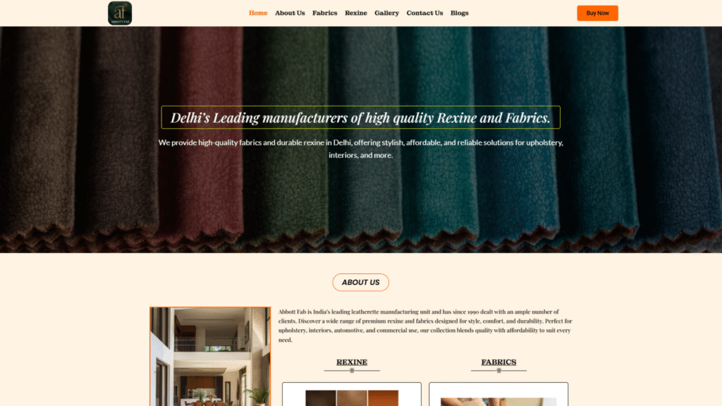 Homepage of Abbott Fab showcasing premium rexine and fabric products. The page features a colorful fabric banner, navigation menu, company introduction, and product categories for rexine and fabrics, highlighting upholstery, interior, automotive, and commercial applications.