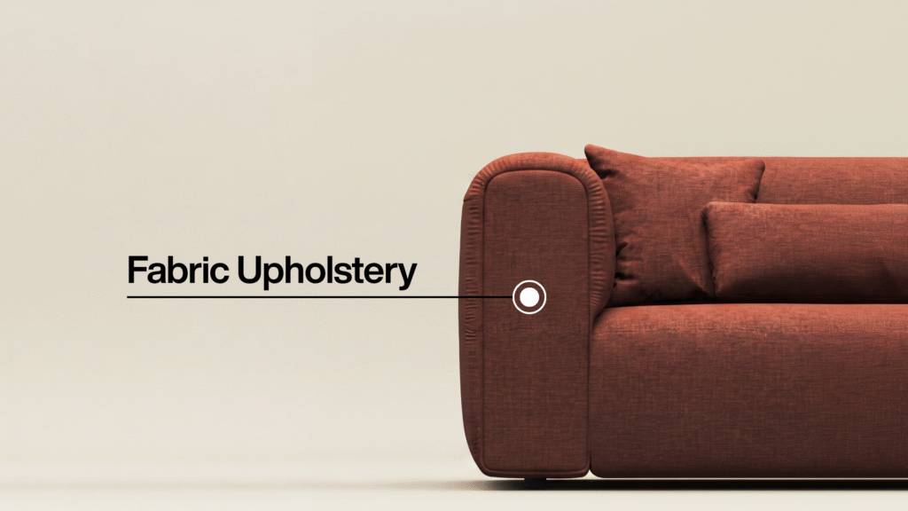 Brown fabric-upholstered sofa with a callout highlighting the fabric upholstery on the armrest.