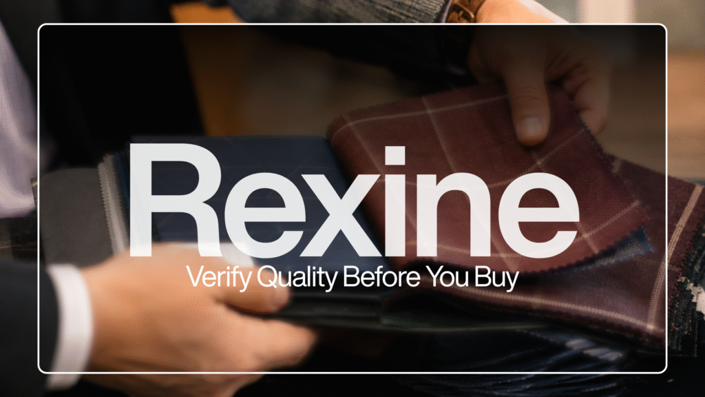Close-up of hands inspecting rexine and fabric samples, overlaid with the text "Rexine" and the subtitle "Verify Quality Before You Buy."
