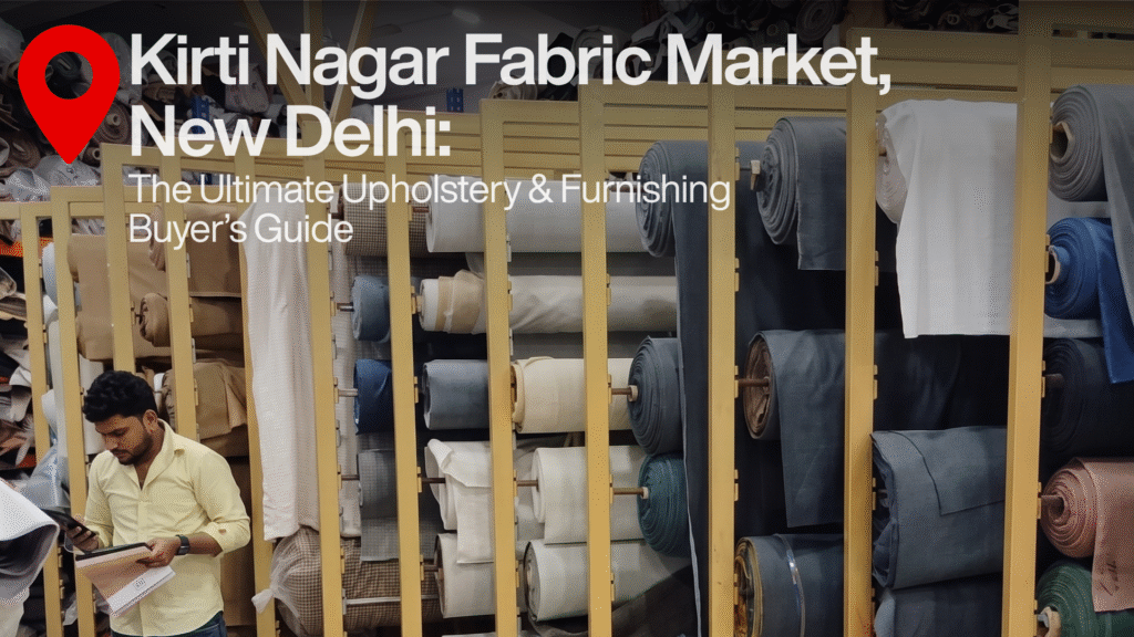 Kirti Nagar Fabric Market, New Delhi: Infographic-style header image featuring a red location pin and white text that reads: "Kirti Nagar Fabric Market, New Delhi: The Ultimate Upholstery & Furnishing Buyer's Guide." The image shows a man in a yellow shirt looking at a phone and notebook, standing in an aisle of a large warehouse with tall metal racks filled with hundreds of fabric rolls.