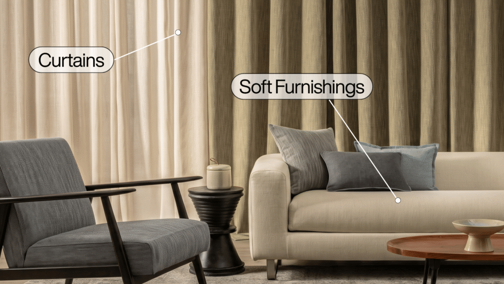 Interior design diagram highlighting living room styling elements, featuring explicit callout labels pointing to layered window Curtains and a cream sofa displaying various Soft Furnishings and accent pillows