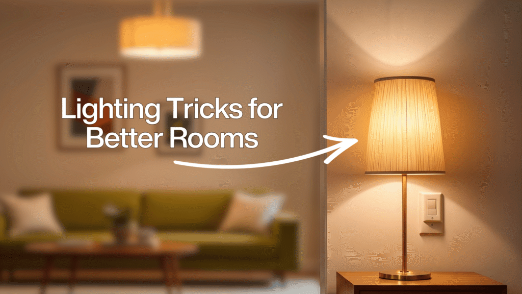 Header graphic titled Lighting Tricks for Better Rooms, featuring a white arrow pointing to a warm, glowing table lamp in sharp focus, contrasted against a softly blurred living room with a green sofa in the background, demonstrating layered interior lighting techniques