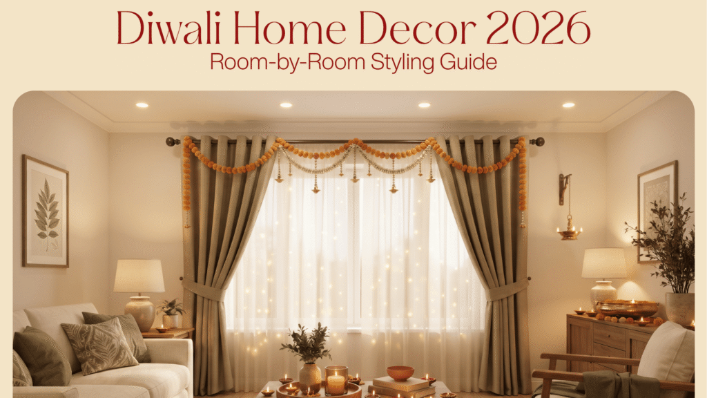 Hero graphic titled Diwali Home Decor 2026 with subheading Room-by-Room Styling Guide, illustrating a warmly lit living room decorated for Diwali featuring layered beige curtains adorned with marigold garlands, fairy string lights, lit diyas, and festive table centerpieces.