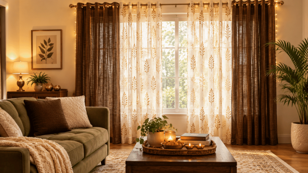 Living room interior styled for Diwali featuring a green sofa with textured pillows and a knitted throw blanket, a wooden coffee table with lit diyas and a plant centerpiece, and a window framed by layered sheer leaf-patterned curtains and solid brown drapes strung with fairy lights.