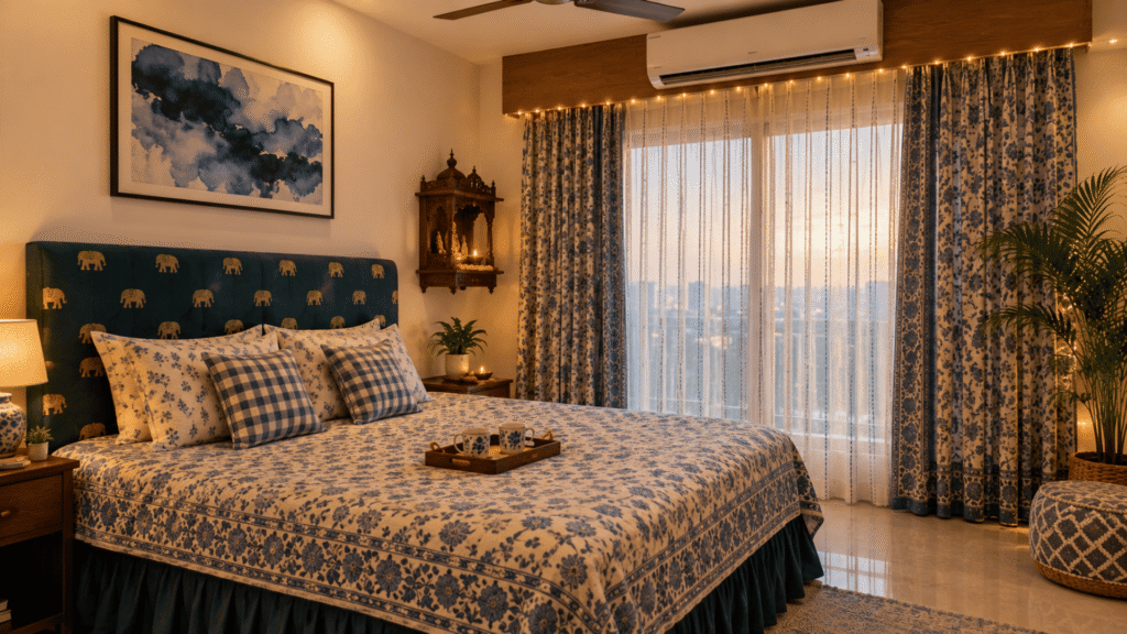 Bedroom interior styled for Diwali featuring a blue patterned bedspread, matching elephant-print tufted headboard, plaid accent pillows, and a wooden serving tray, alongside a wall-mounted mandir shrine and windows framed by blue-and-white patterned drapes strung with warm fairy lights.