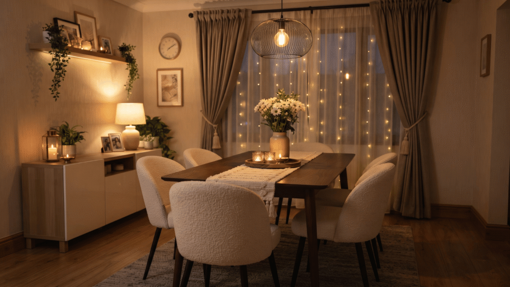 Dining room interior styled for Diwali featuring a wooden dining table and textured white bouclé chairs, a table runner with glowing candles in glass holders and a flower vase, lit by a wire pendant light, with background windows framed by layered drapes and warm fairy string lights.