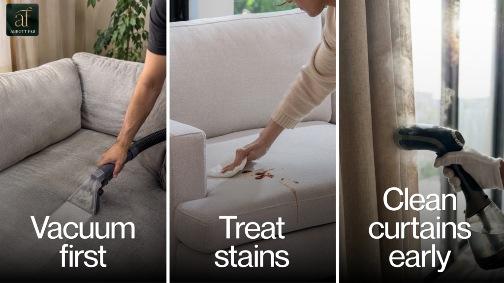 Abbott Fab three-panel instructional infographic featuring the af logo and three steps: 1. Vacuum first, showing a person using a vacuum attachment on a grey fabric sofa; 2. Treat stains, showing a person wiping a spill off a light-coloured sofa cushion; and 3. Clean curtains early, showing a hand using a garment steamer on hanging curtains.