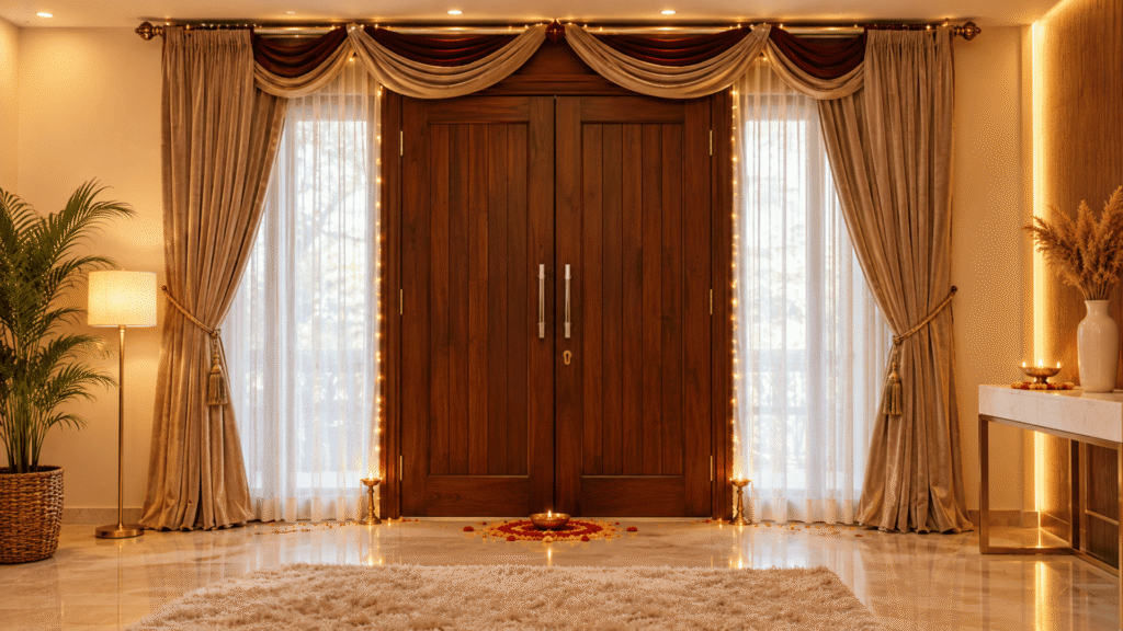 Entranceway interior styled for Diwali featuring grand double wooden doors flanked by windows with layered neutral drapes, sheer curtains, and ornate valances, illuminated by warm fairy lights and lit diyas placed around a floral rangoli on the floor.