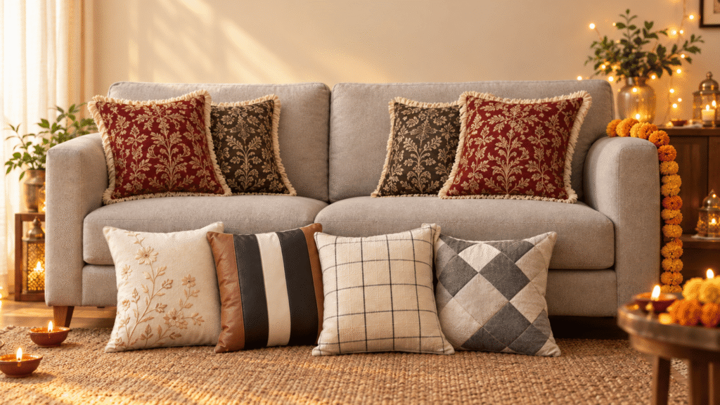 Living room setup styled for Diwali featuring a light grey sofa adorned with a mix of decorative throw pillows in red floral brocade, dark patterned, neutral embroidered, striped leather, plaid, and geometric designs, set against a warm backdrop with lit diyas, marigold garlands, and fairy lights.