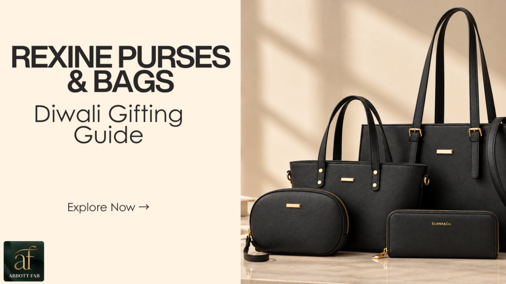 Abbott Fab promotional banner featuring the Abbott Fab logo, headline Rexine Purses & Bags: Diwali Gifting Guide, Explore Now call-to-action link, and a product display of black leatherette purses, tote bags, and wallets against a warm neutral background