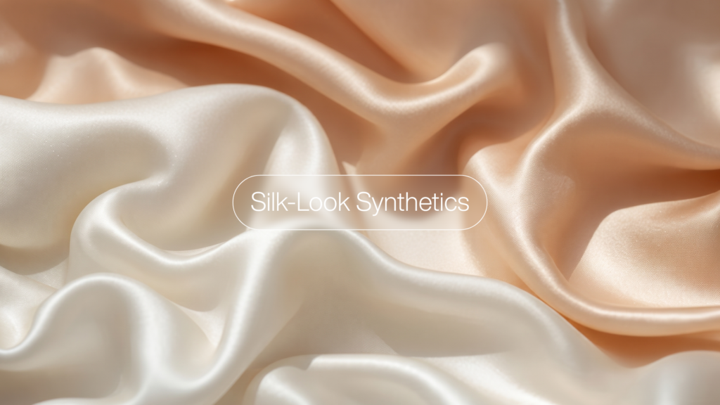 ABBOTT FAB product showcase image featuring a centered badge reading Silk-Look Synthetics, and a close-up photograph of luxurious cream and peach silky synthetic fabric in smooth, flowing folds.