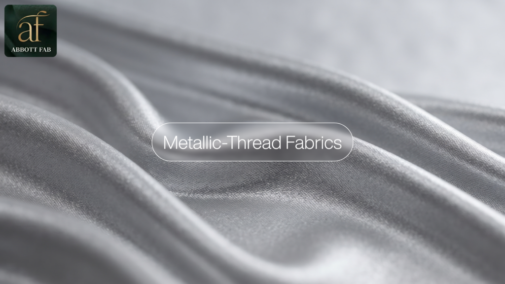 ABBOTT FAB product showcase image featuring the Abbott Fab brand logo, a centered badge reading Metallic-Thread Fabrics, and a close-up photograph of shimmering silver metallic-thread fabric in smooth, lustrous folds