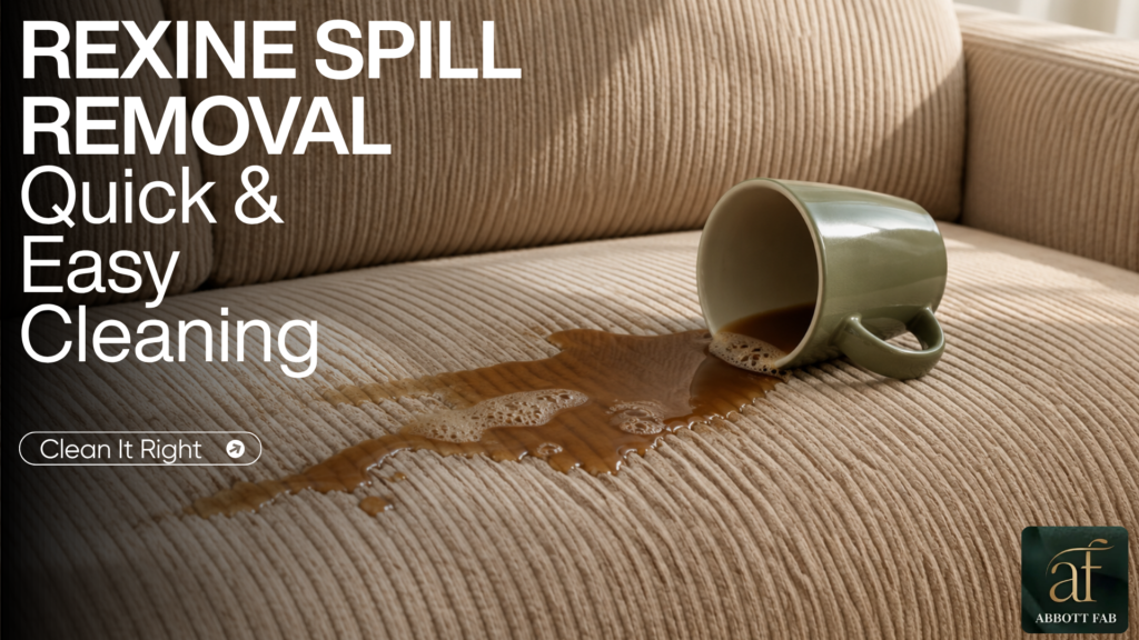 Abbott Fab promotional banner featuring the Abbott Fab logo, headline REXINE SPILL REMOVAL: Quick & Easy Cleaning, Clean It Right call-to-action button, and a photograph of a spilled cup of coffee on a textured beige upholstery fabric surface.