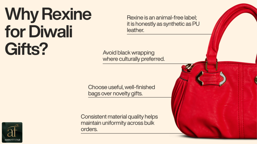 Abbott Fab infographic featuring the Abbott Fab logo, headline Why Rexine for Diwali Gifts?, a close-up photograph of a red rexine handbag, and four annotated gifting guidelines connected by indicator lines: Rexine is an animal-free label (it is honestly as synthetic as PU leather), Avoid black wrapping where culturally preferred, Choose useful well-finished bags over novelty gifts, and Consistent material quality helps maintain uniformity across bulk orders