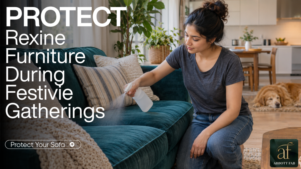 Abbott Fab promotional banner featuring the Abbott Fab logo, headline PROTECT Rexine Furniture During Festive Gatherings, Protect Your Sofa call-to-action button, and a photograph of a woman spraying a protective cleaning solution onto a deep green velvet or rexine sofa in a bright living room