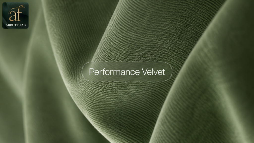 ABBOTT FAB product showcase image featuring the Abbott Fab brand logo, a centered badge reading Performance Velvet, and a close-up photograph of lush, textured olive-green velvet fabric in rich folds
