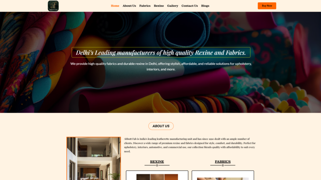 Abbott Fab website homepage featuring the Abbott Fab logo, top navigation menu with links and a Buy Now button, headline Delhi's Leading manufacturers of high quality Rexine and Fabrics, subheading about providing durable rexine and fabrics for upholstery and interiors, an About Us section introducing Abbott Fab as India's leading leatherette manufacturing unit since 1990, and thumbnail previews for Rexine and Fabrics categories
