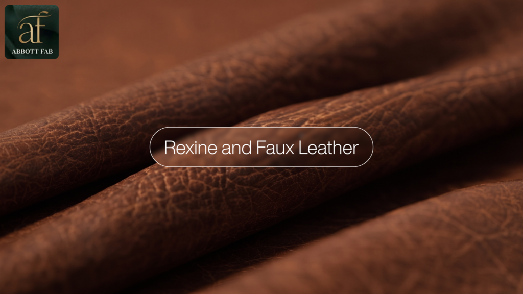 ABBOTT FAB product showcase image featuring the Abbott Fab brand logo, a centered badge reading Rexine and Faux Leather, and a close-up photograph of rich brown faux leather fabric in deep, textured folds