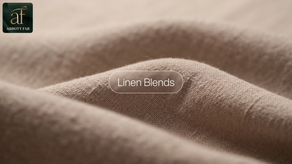 ABBOTT FAB product showcase image featuring the Abbott Fab brand logo, a centered badge reading Linen Blends, and a close-up photograph of neutral beige linen blend fabric in soft, natural folds.